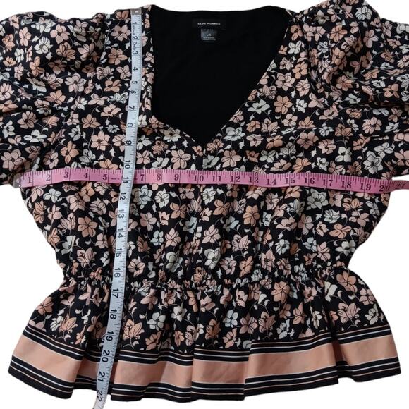 CLUB MONACO Floral Blouse Top L Peplum Puff Short Sleeves Pink Black Cottage - Picture 5 of 11